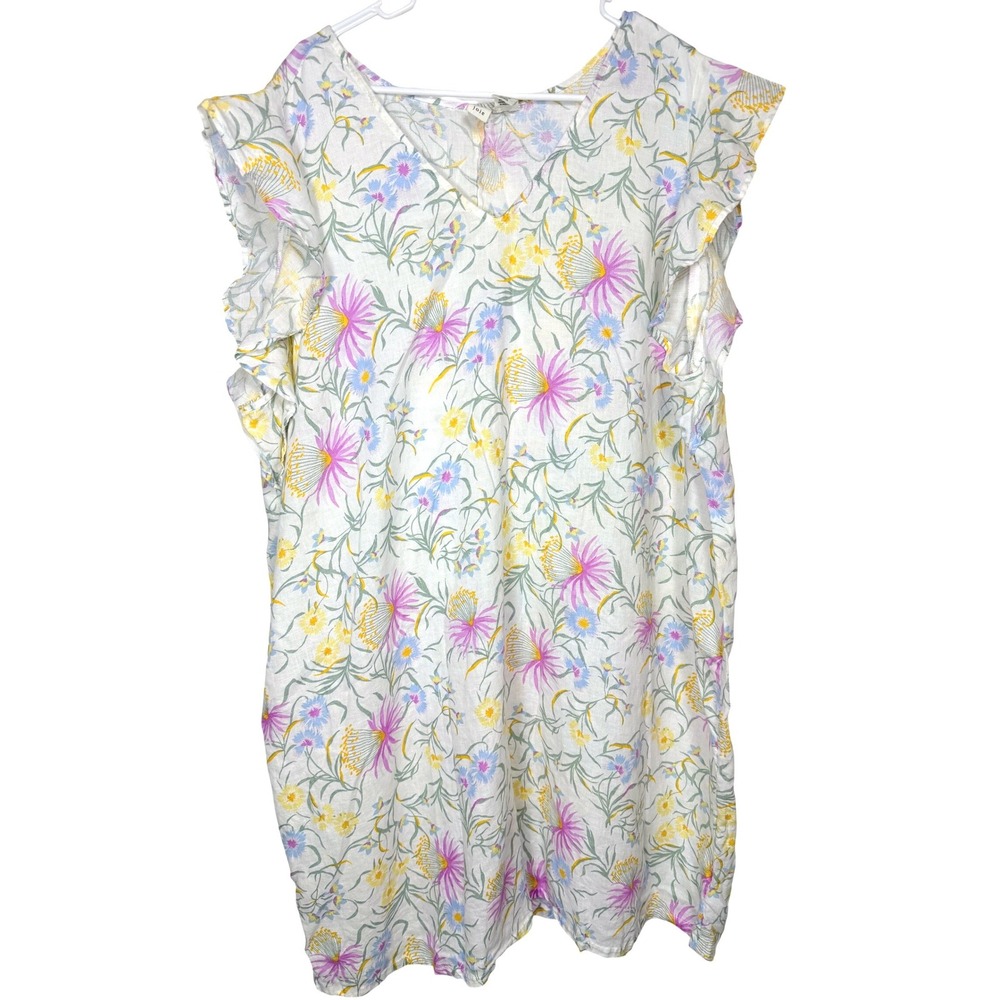 Joie Womens Dress 3X White Floral Linen Ruffle Sleeve V-Neck Shift Plus Size
